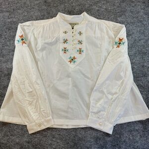 Ginew Embroidered Native American Casual Boho Quarter Button Up Long Sleeve Top